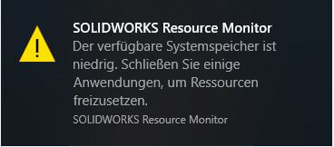 SOLIDWORKS Resource Monitor Niedriger Speicher